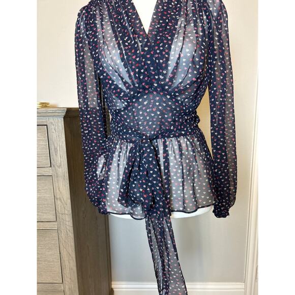 Kate Spade | Navy Blue Lips Pattern Tie Waist Silk Blouse | Size 0 - Picture 6 of 17